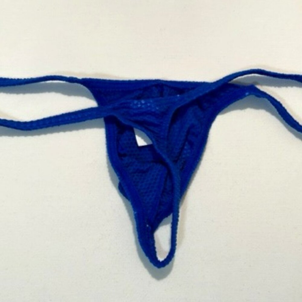 Men's  Waffled See-Through "T-Back" Thong - Blue - Pouch - Picture 7 of 11